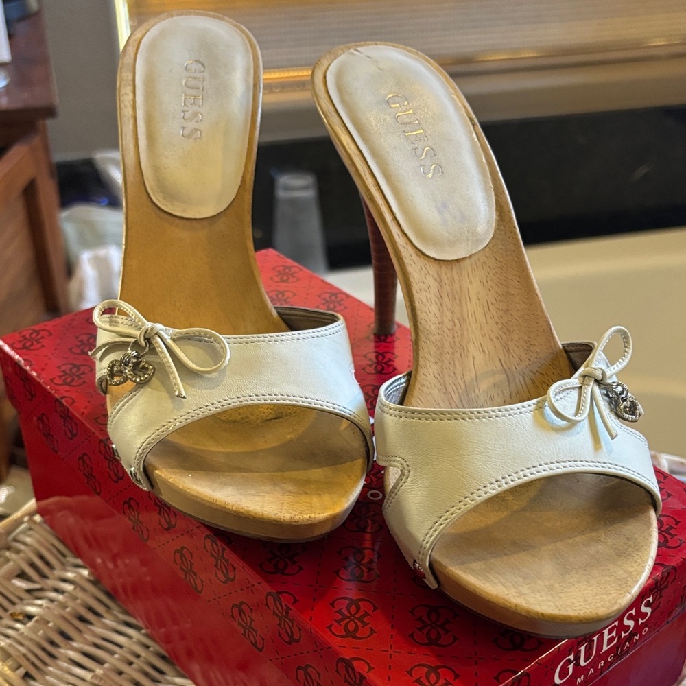Guess Women's Cream Slide Heels with Bow Detail